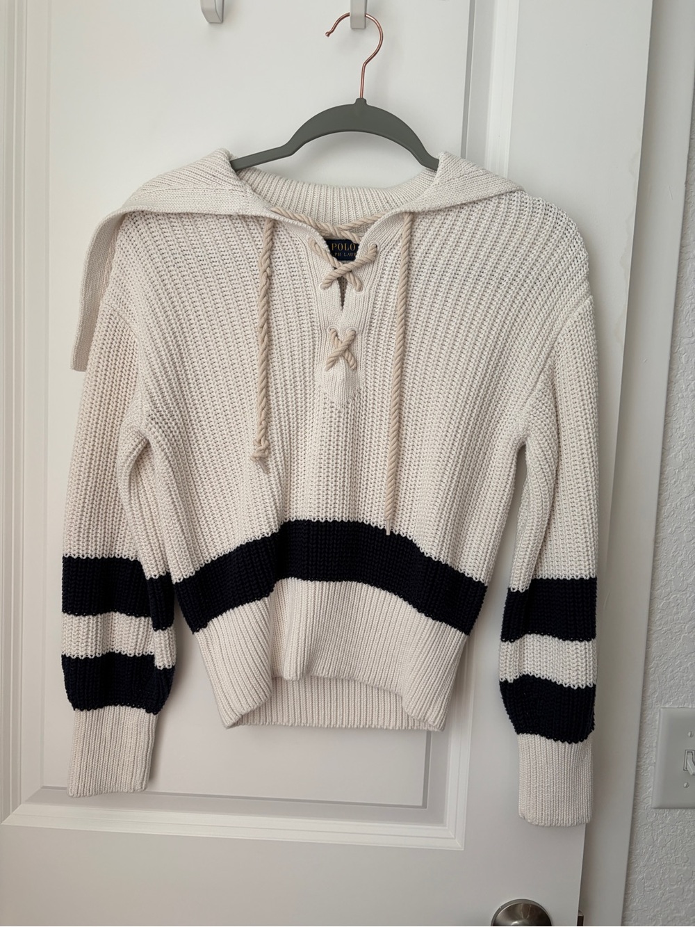 Polo Ralph Lauren Cream Lace Up Hooded Cotton Sweater XS